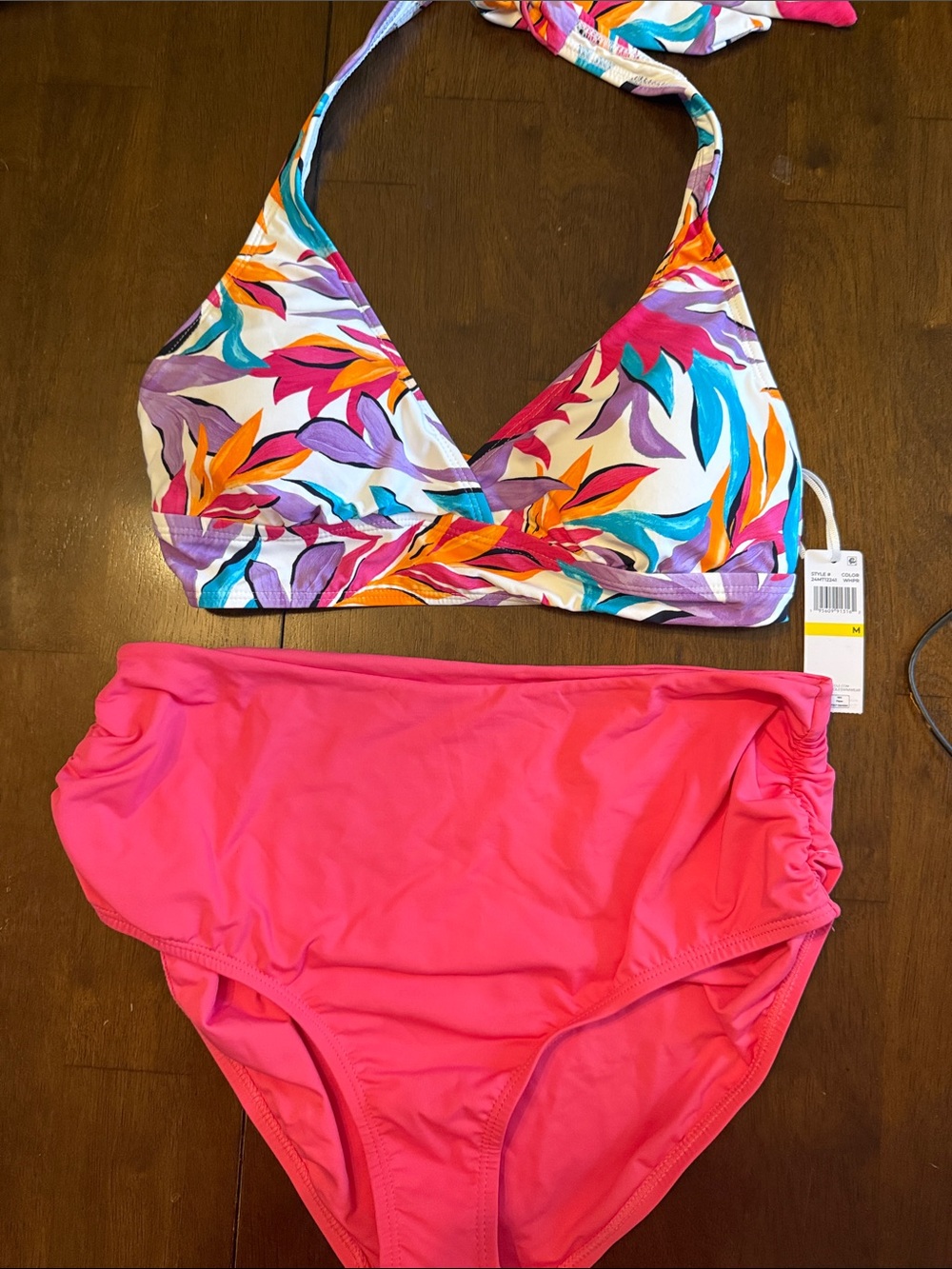 Anne Cole Tropical Print Halter Bikini Top with Hot Pink High-Waist Bottoms